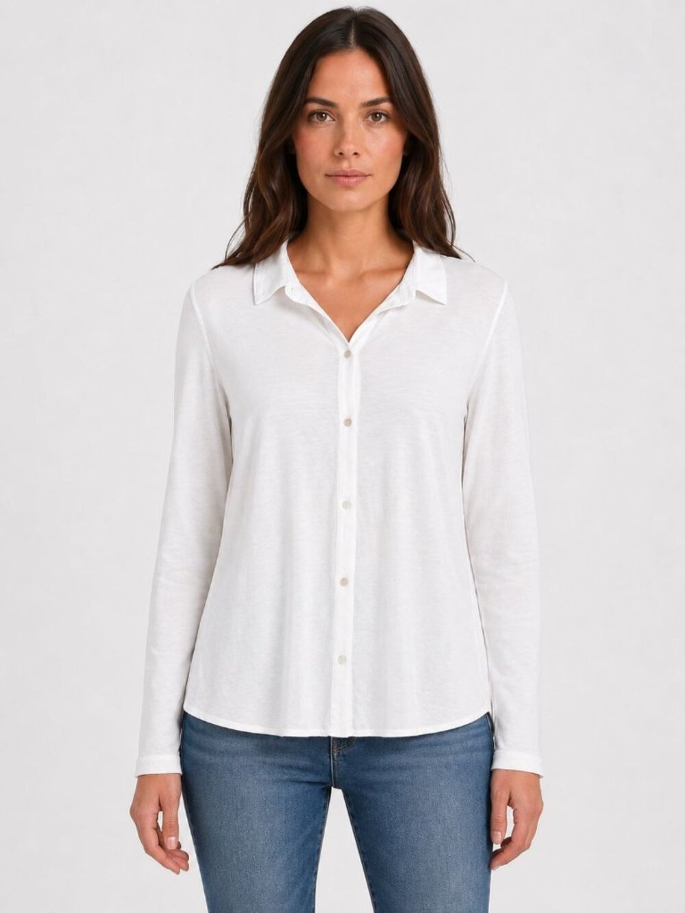 Eileen Fisher White Organic Cotton Button Front Shirt Large Collared Knit Top
